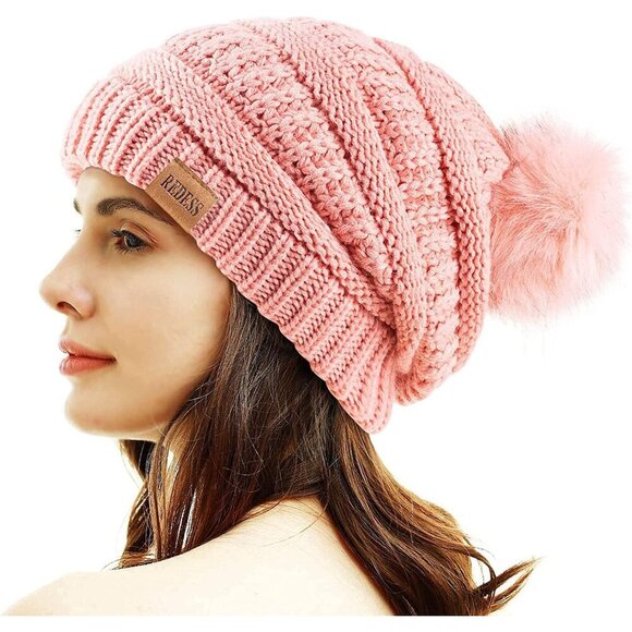 〽️Women Rose Pink Winter Pom Pom Beanie Hat with Warm Fleece Lined XL main image 5